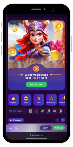 What the homepage of an online casino Spinando looks like in the mobile version