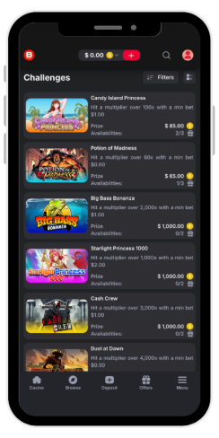 How the challenges page in an online casino Bang Bang looks