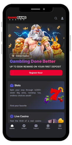 How the homepage of an online casino Bang Bang looks in the mobile version