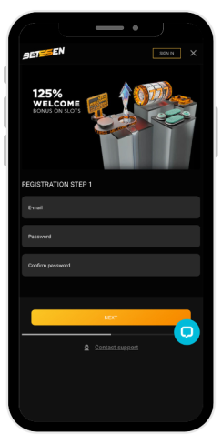 How step 1 of registration in an online casino Betssen looks