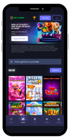 How the homepage of an online casino Betstorm looks in the mobile version