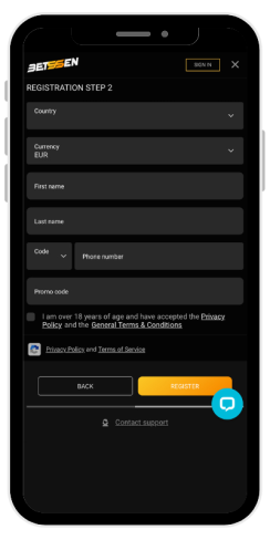 How step 2 of registration in an online casino Betssen looks