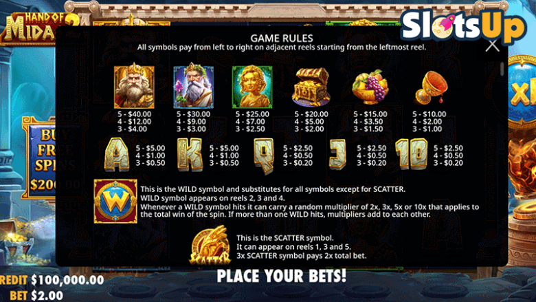 Hand of Midas 2 paytable