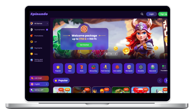 What the homepage of an online casino looks like on desktop Spinando