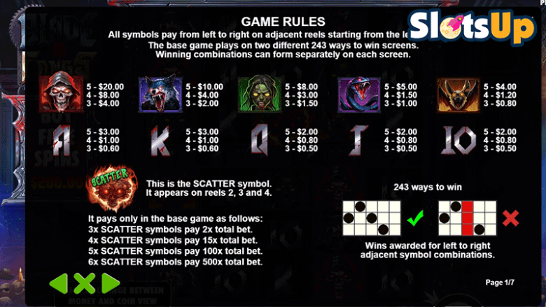 Blade & Fangs paytable