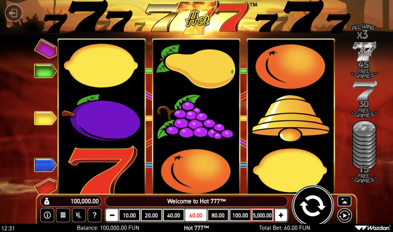 Hot 777 Main Screen