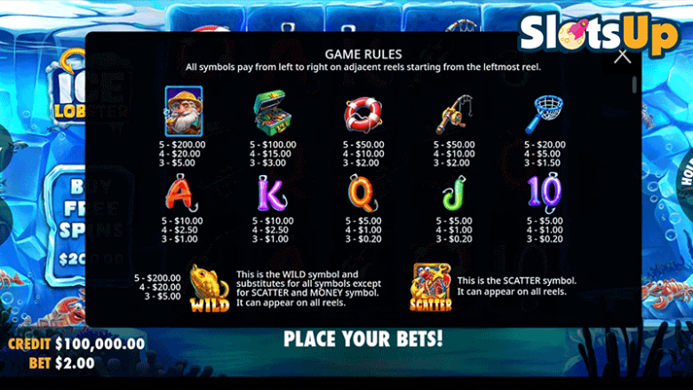 Ice Lobster paytable