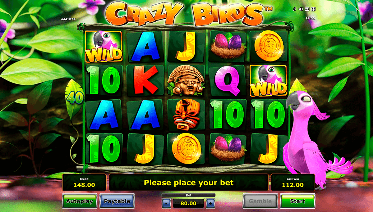 A Crazy Bird Love Story in a Slot Game This slot game is quite unlike anything Novomatic have made before! It’s not just a slot game, it’s a story! Crazy Birds from Novomatic is a really fun slot game to play.It’s set in the Maya rainforest, somewhere in Guatemala perhaps, as you can tell by the ancient Mayan relics on the reels.