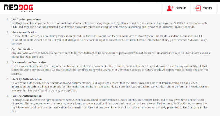 Red Dog Casino KYC policy Red Dog Casino KYC Terms
